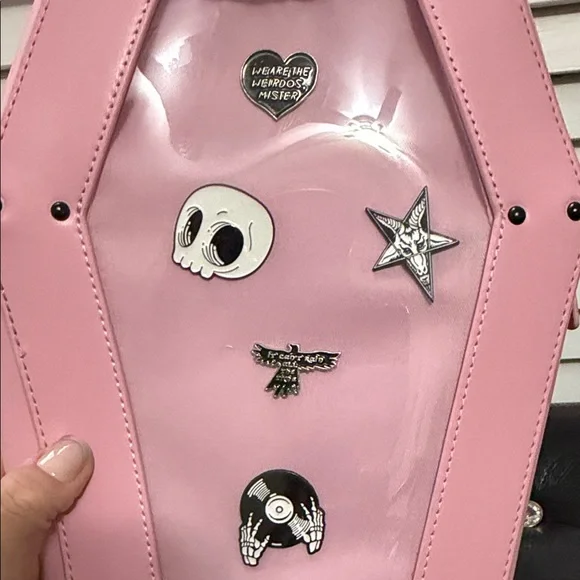 Pink Faux Leather Black Metal Pin Collector Coffin-Shaped Backpack Like New - Picture 7 of 8